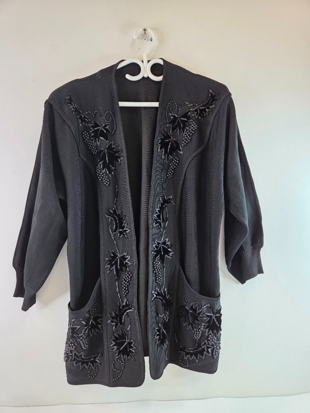 Vintage Black Beaded Open Cardigan w/ Shoulderpads Leaf Ivy Design